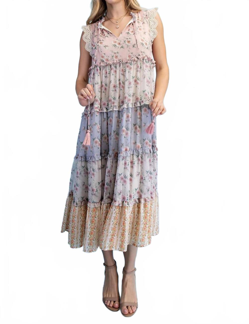 NEW GIGIO vintage floral ruffled tiered midi dress in pink